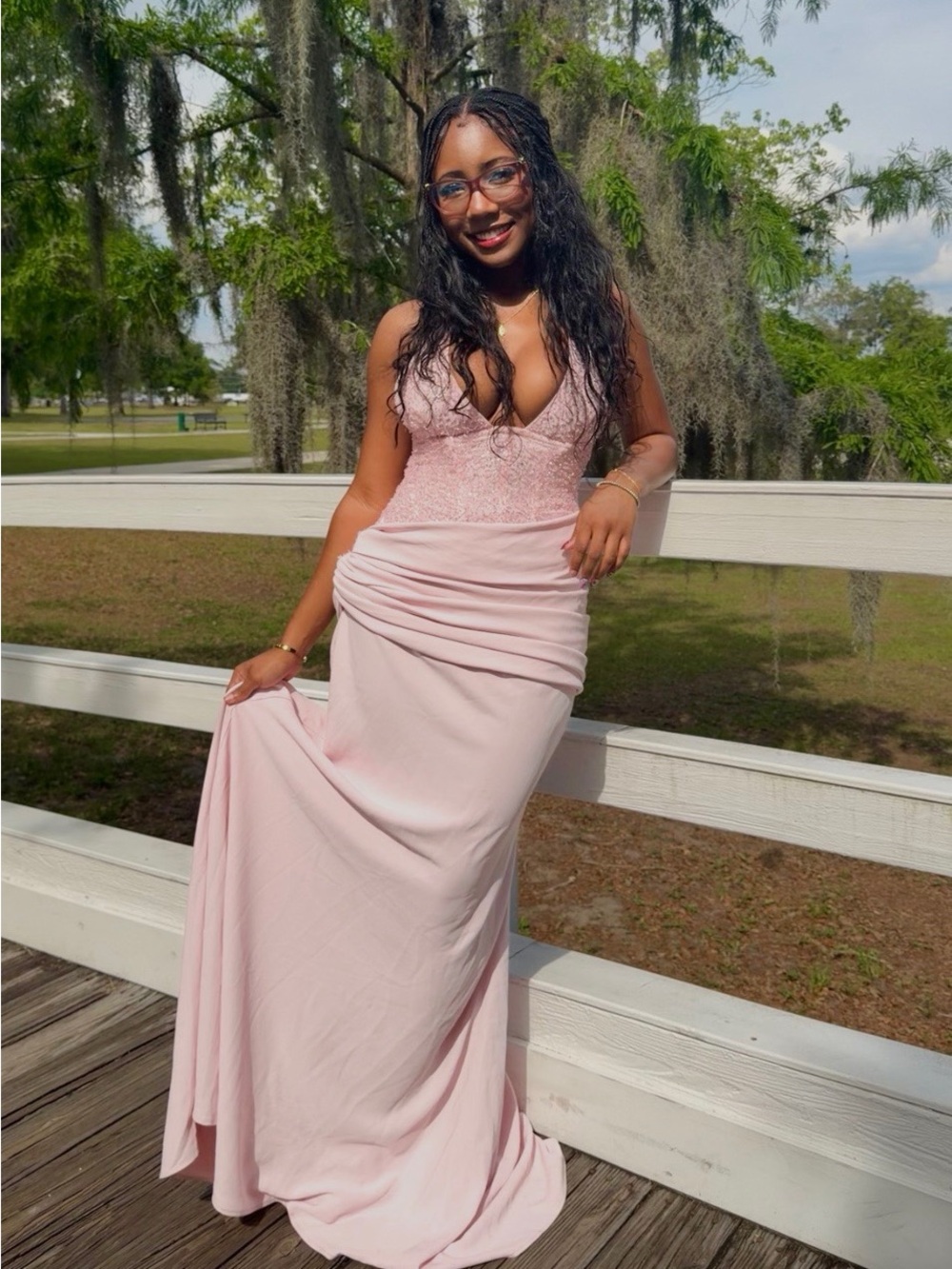 Blush Pink Lace-Bodice Prom Gown with Draped Skirt